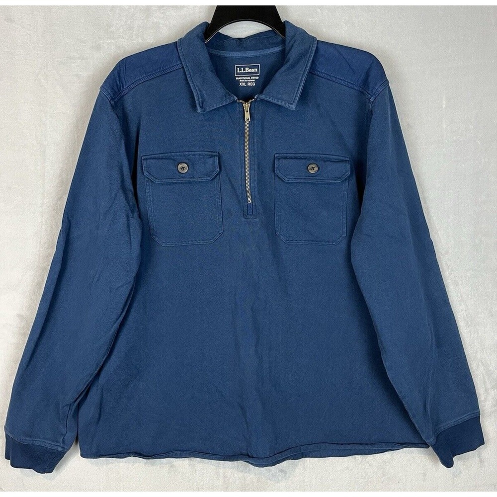 LL BEAN Men's Shirt 2XL Blue Traditional Fitted Regular 1/4 Zip Flap Pocket